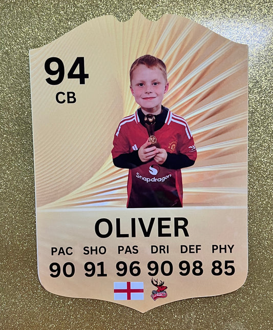 Custom A4 aluminium football shield keyring with player photo, team badge, and stats