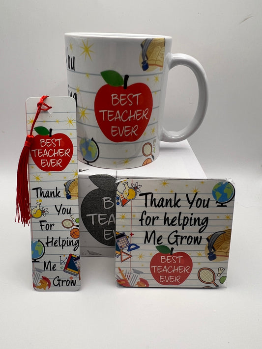 Best Teacher Ever Gift Set | Mug, Coaster & Metal Bookmark | Thank You Teacher Gift