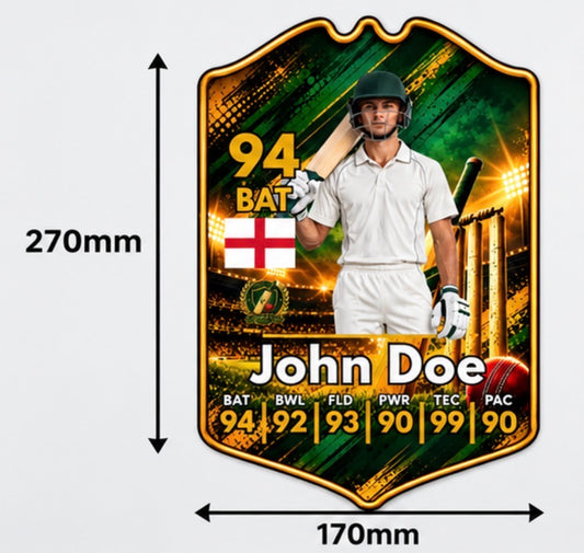 Personalised Cricket Player Card Wall Sign – Custom Photo, Name, Rating & Stats