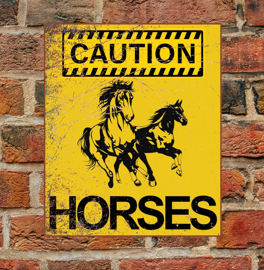 Caution Horses Aluminium Sign mounted on brick wall, featuring bold black text and horse graphics on a yellow background. Durable and weather-resistant for farm safety.