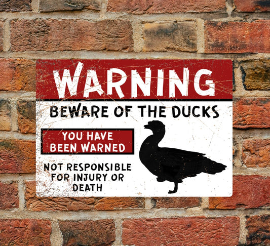 Warning - Beware of the ducks aluminium sign in A4 size mounted on a brick wall. Features bold red and black text with duck silhouette for safety alerts.